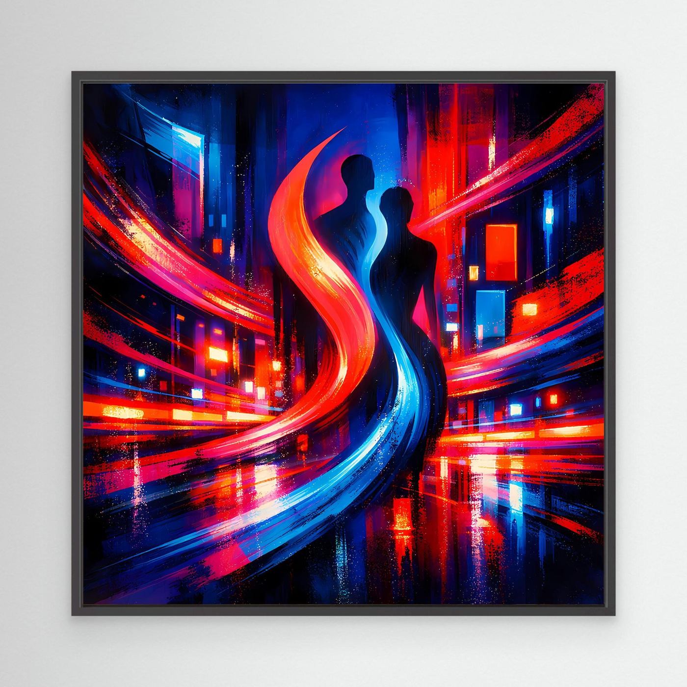 Abstraktes Leinwand-Wandbild mit schwarzem Rahmen, Neon-City und Paar-Silhouette