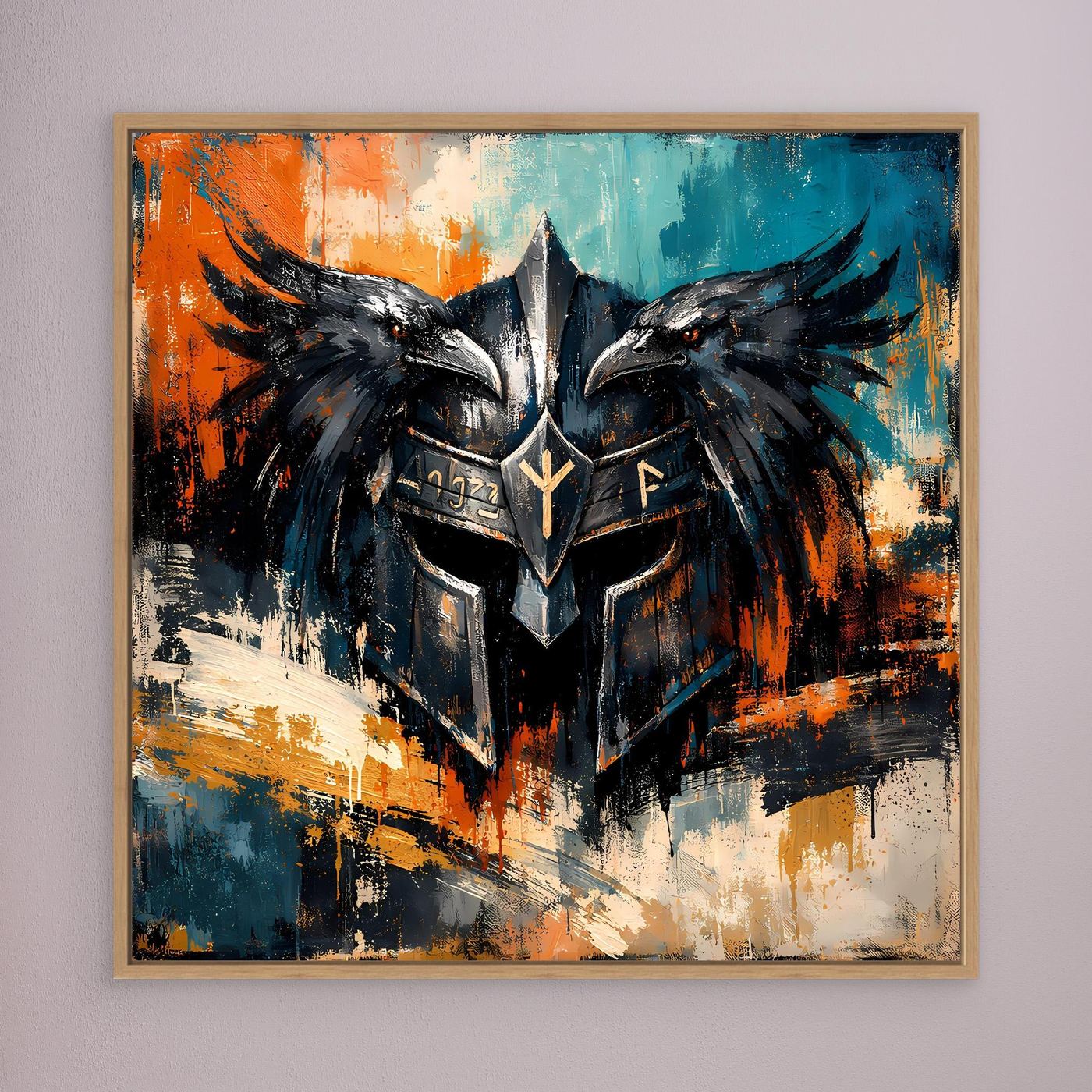 Wandbild mit Odins-Helm und Raben, goldbrauner Holzrahmen