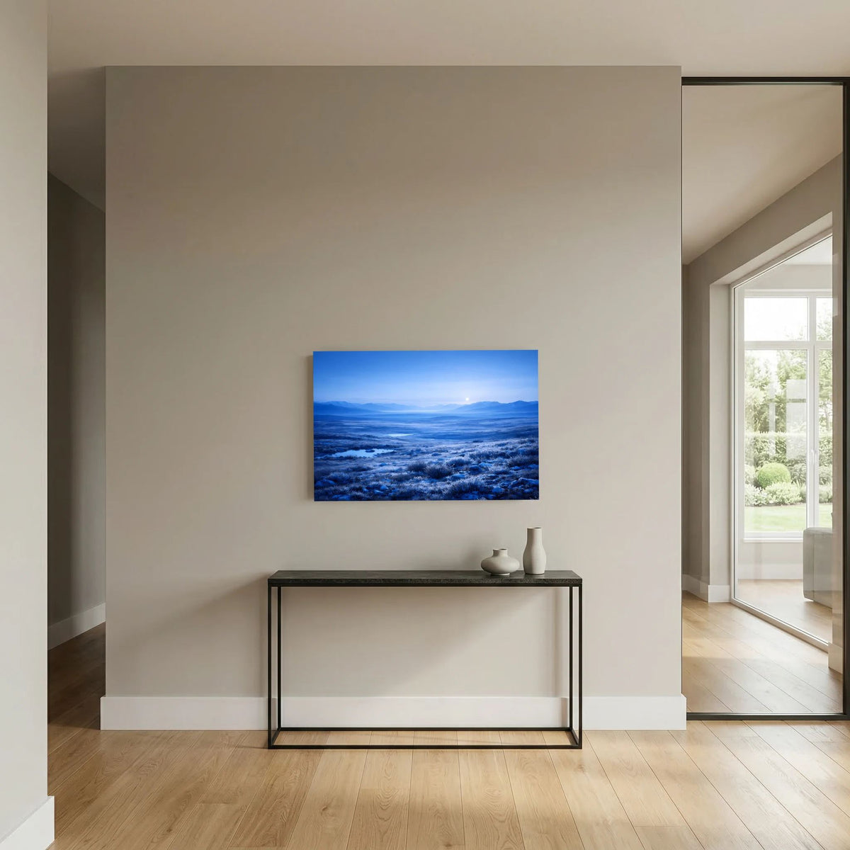 Kleines Querformat-Wandbild mit arktischer Tundra bei Mondlicht und Bergsilhouetten