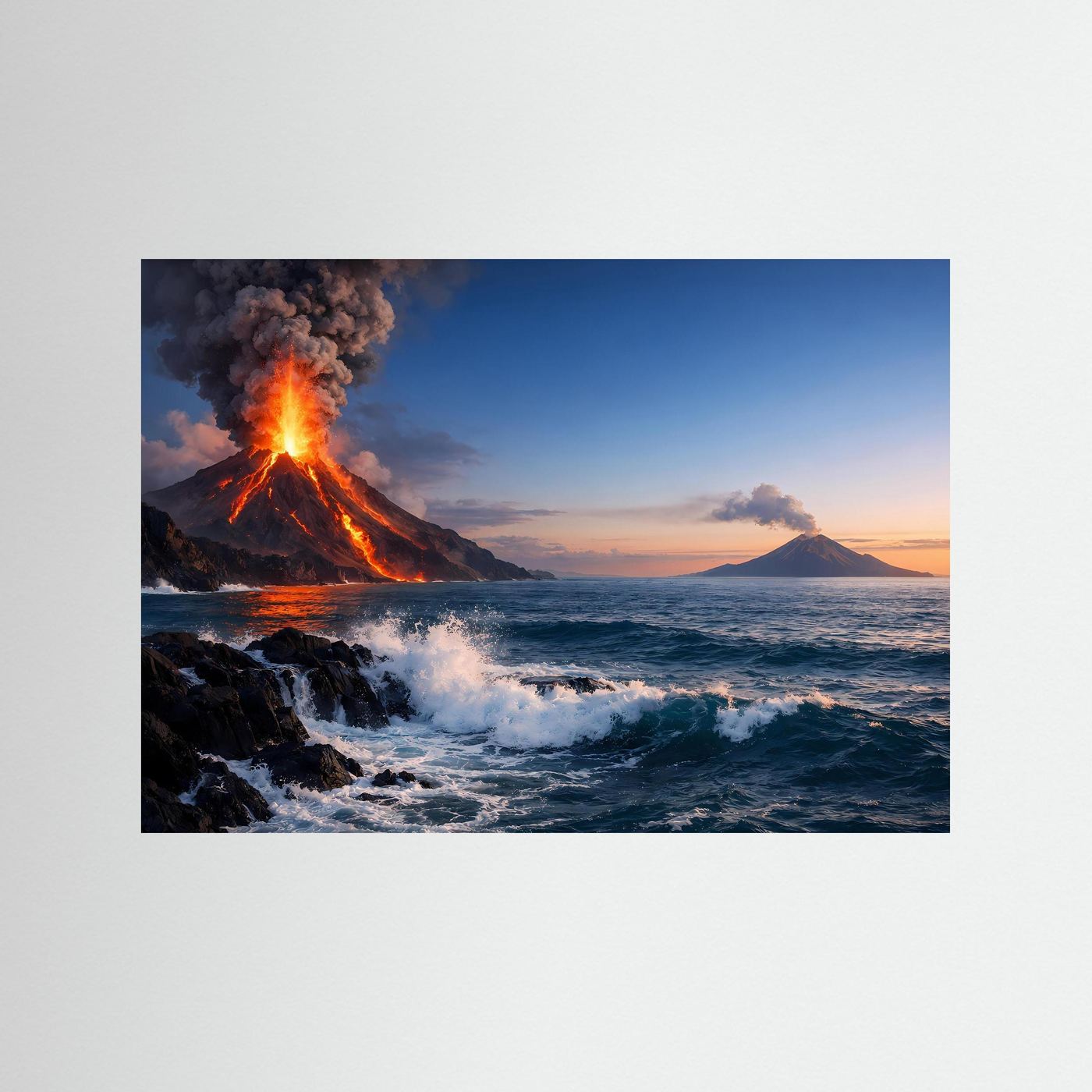 Vulkan-Meer-Poster im Panorama-Querformat mit Lavafeuer und Aschewolke über dem Wasser