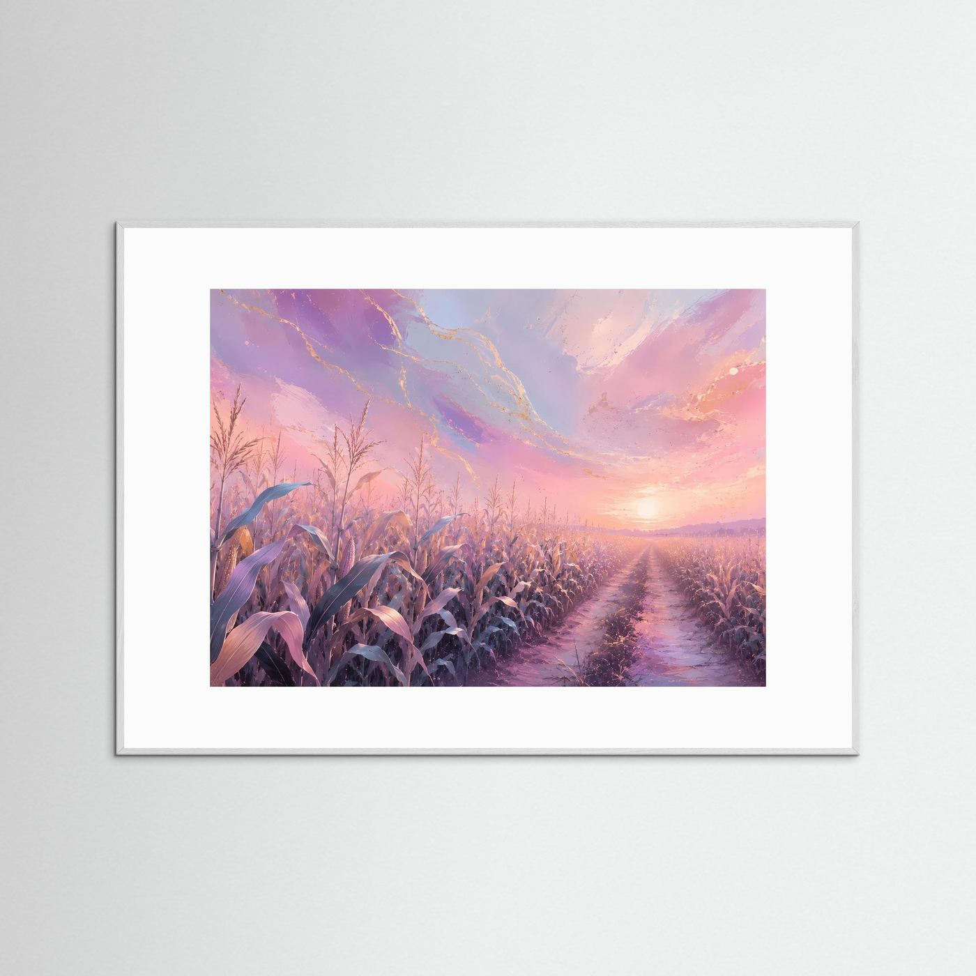 Pastellfarbenes Maisfeld im Sonnenaufgang | Romantisches Landschafts Poster Querformat