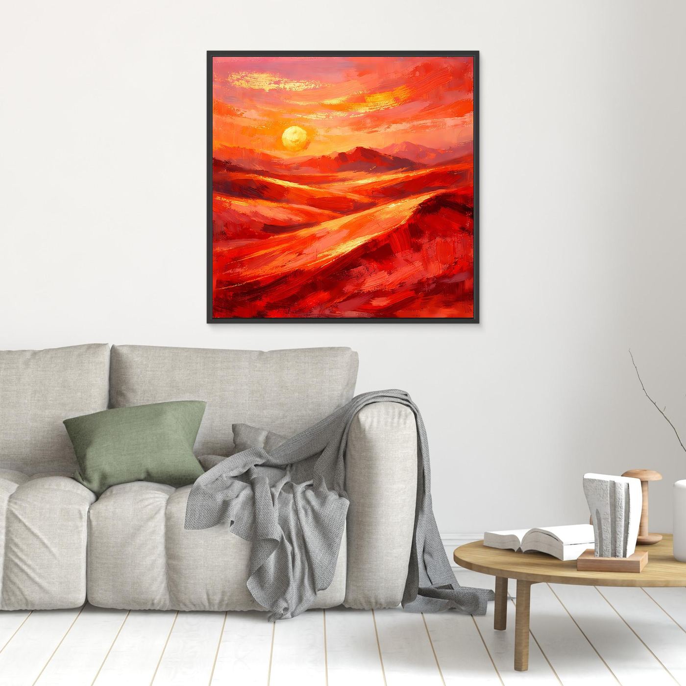 Kleines gerahmtes Leinwandbild mit abstraktem Sonnenaufgang in Rot-Orange, schwarzer Rahmen