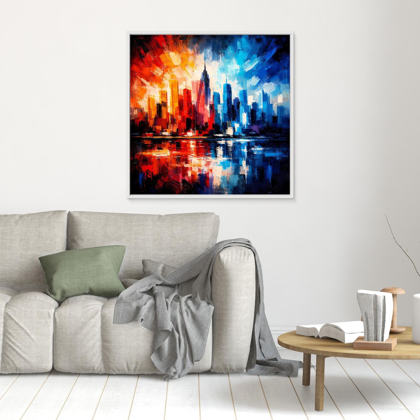 Leinwandbild mit abstrakter Skyline, rotes und blaues Stadtbild im weißen Rahmen an der Wand
