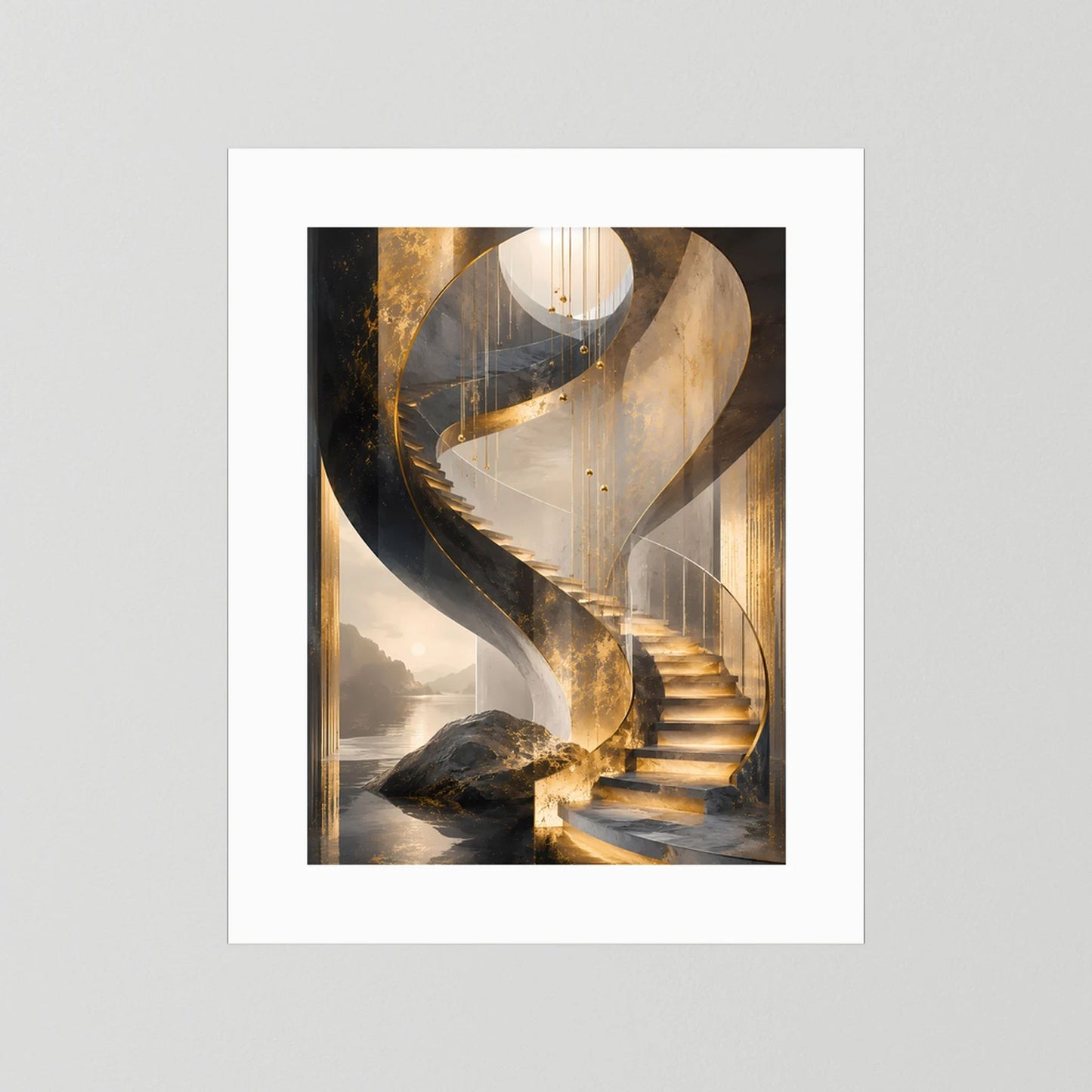 Poster im Hochformat mit weißem Rahmen, goldene Spiraltreppe im abstrakten Stil