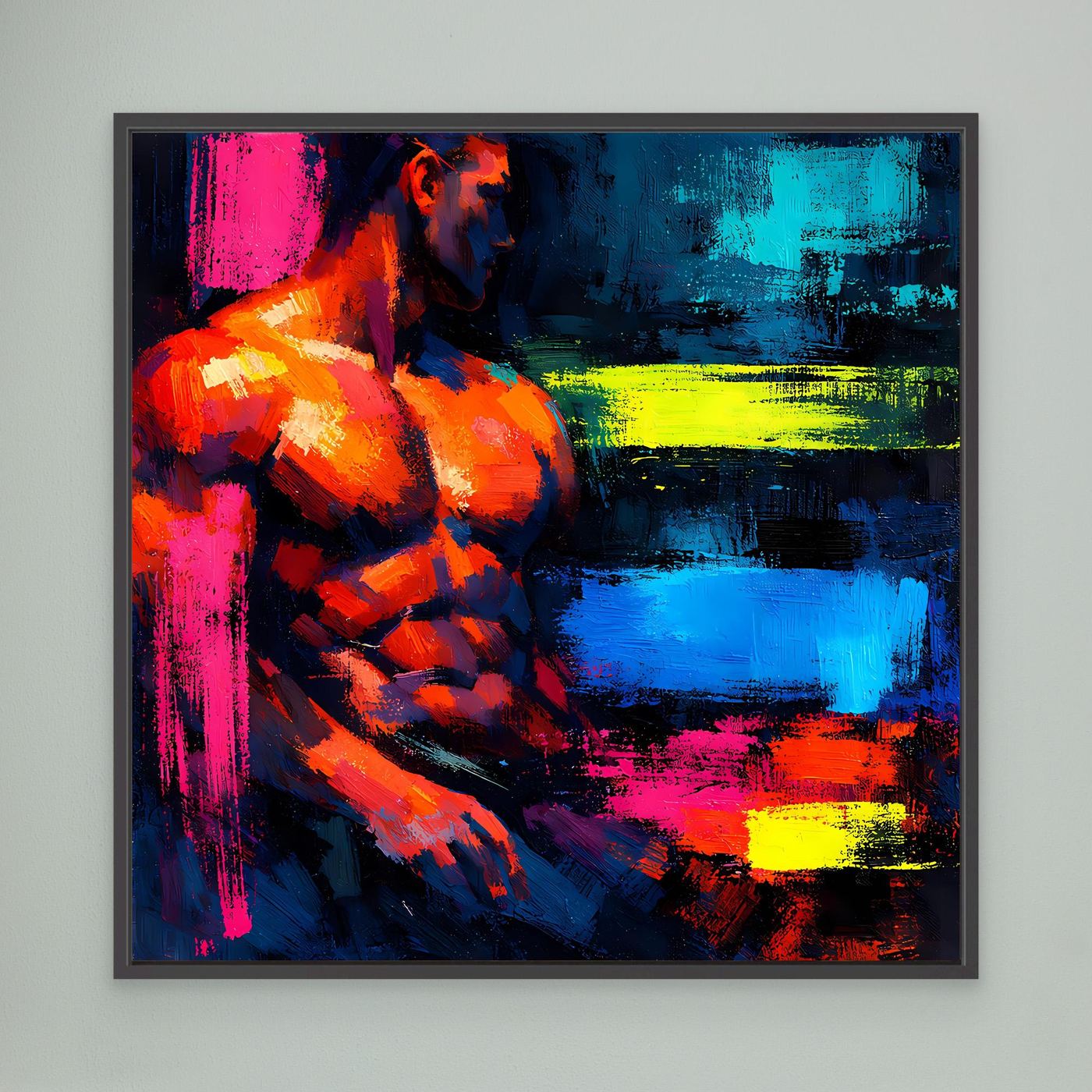 Leinwandbild Abstrakter Männlicher Torso | Moderner Neon-Kunst Wandbild auf echtem Holzkeilrahmen