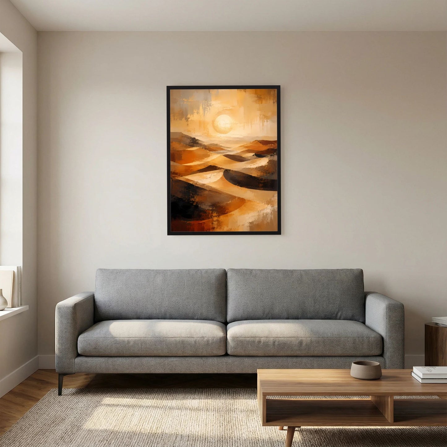 Gerahmtes Hochformat-Poster mit abstrakter Wüstenlandschaft, goldene Kreise und Dünen