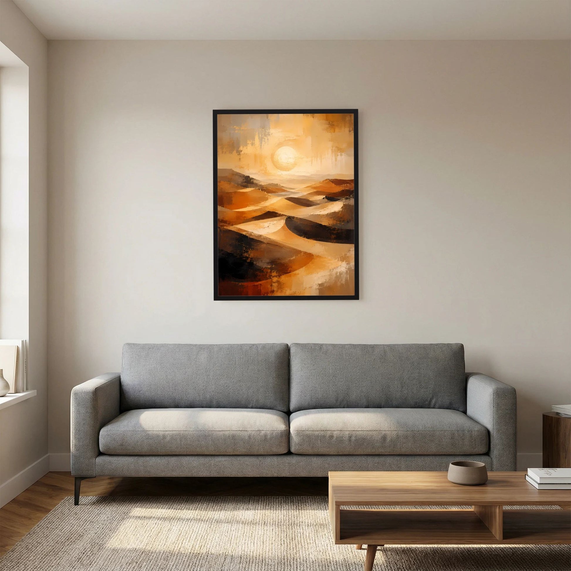 Gerahmtes Hochformat-Poster mit abstrakter Wüstenlandschaft, goldene Kreise und Dünen