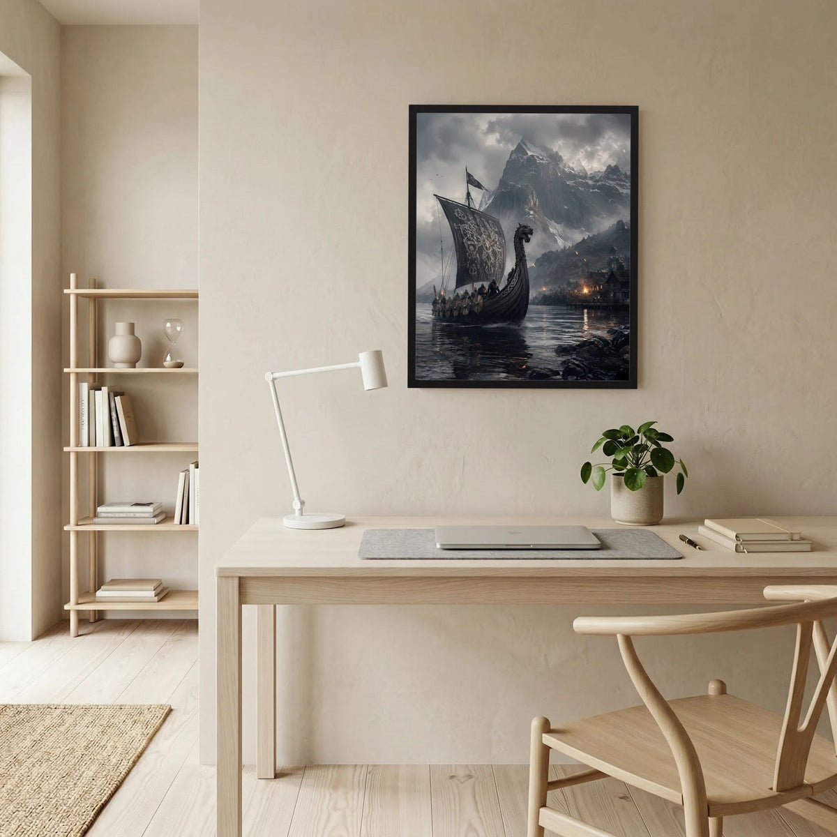 Wandposter im Hochformat mit Wikinger-Langschiff auf dunklem Wasser, schwarzer Rahmen