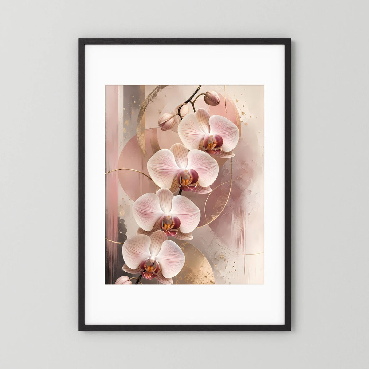 Gerahmtes Orchideen-Poster mit weißem Passepartout und schwarzem Holzrahmen