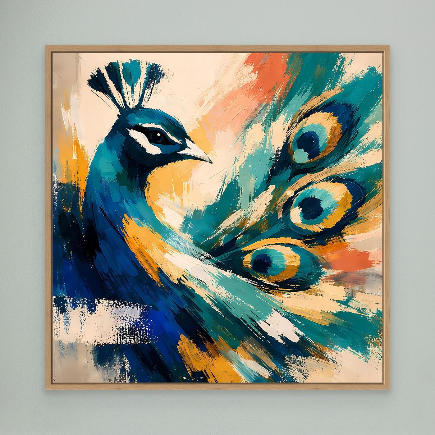 Peacock canvas wall art with abstract blue teal feathers and golden accents, warm wood frame