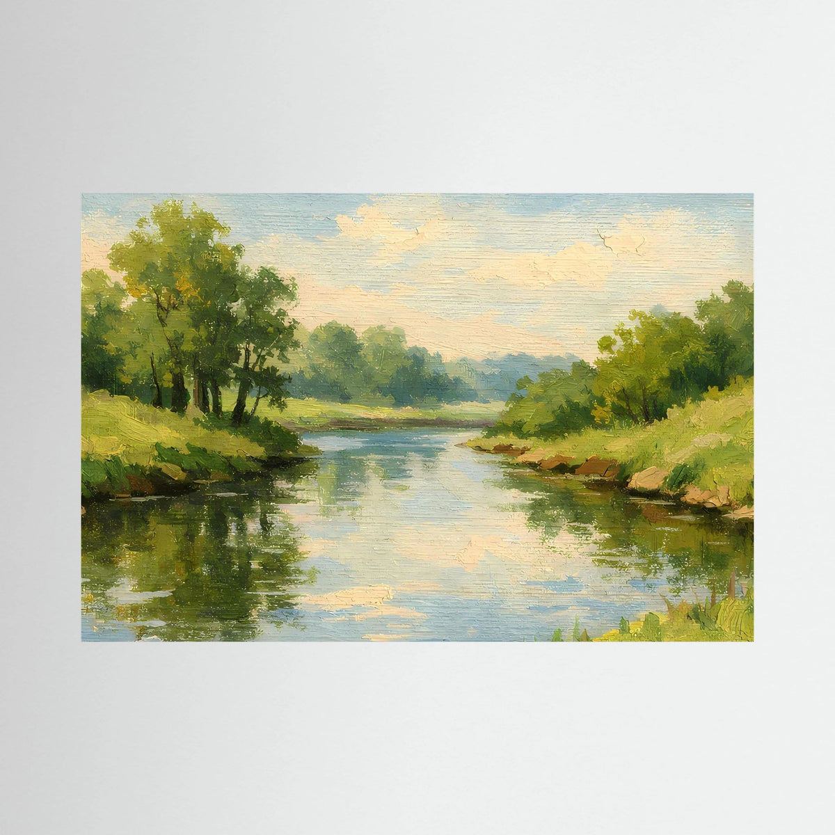 Landschafts-Ölgemälde mit ruhigem Fluss, grünen Uferbäumen und blauem Himmel im Querformat