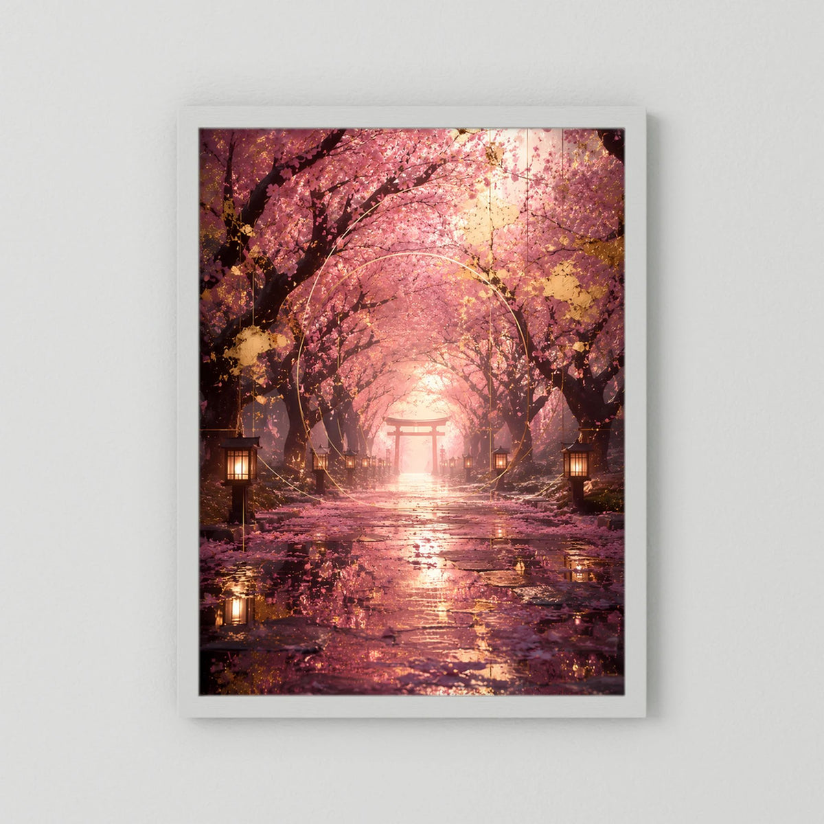 Hochformatiges Poster mit Sakura-Allee, Torii-Tunnel und Laternen, hell abgesetzter Rahmen