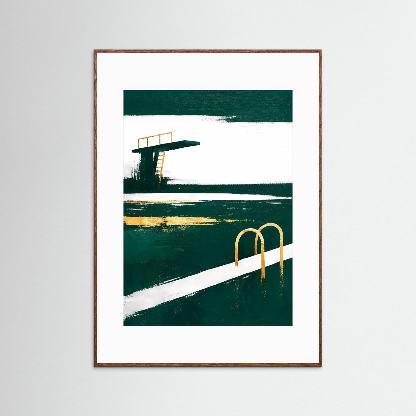 Gerahmtes Hochformat-Poster mit grünem Pool, weißer Fläche und goldener Badeleiter, brauner Rahmen