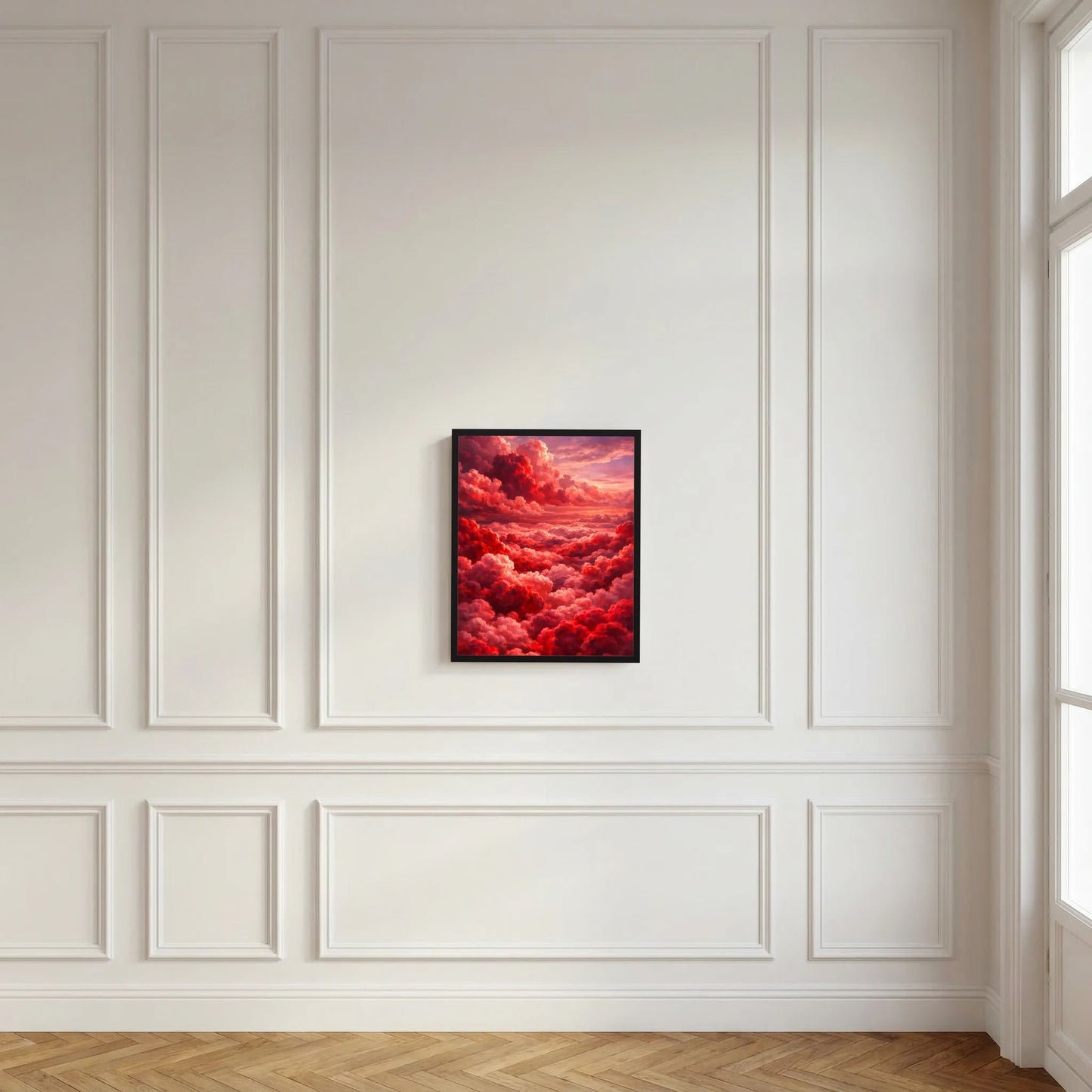 Kleines, gerahmtes Kunstposter mit roten Wolken und rosa Himmel, schwarzer Rahmen.