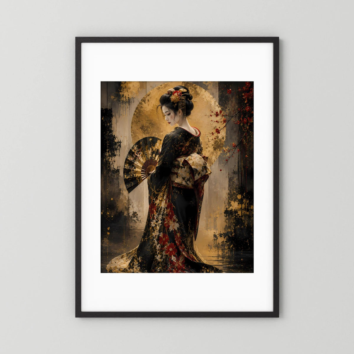 Hochformat-Poster mit Geisha im dunklen Kimono, Fächer und Goldakzenten, schwarz gerahmt