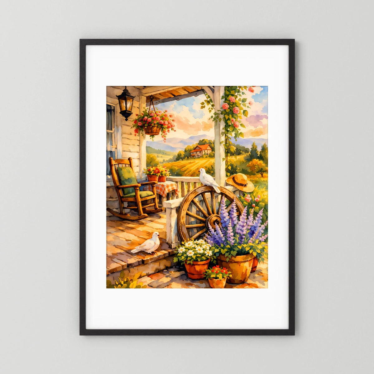 Kunstposter mit Veranda, Blumen in Töpfen, Holzrad und Tauben, schwarzer Rahmen