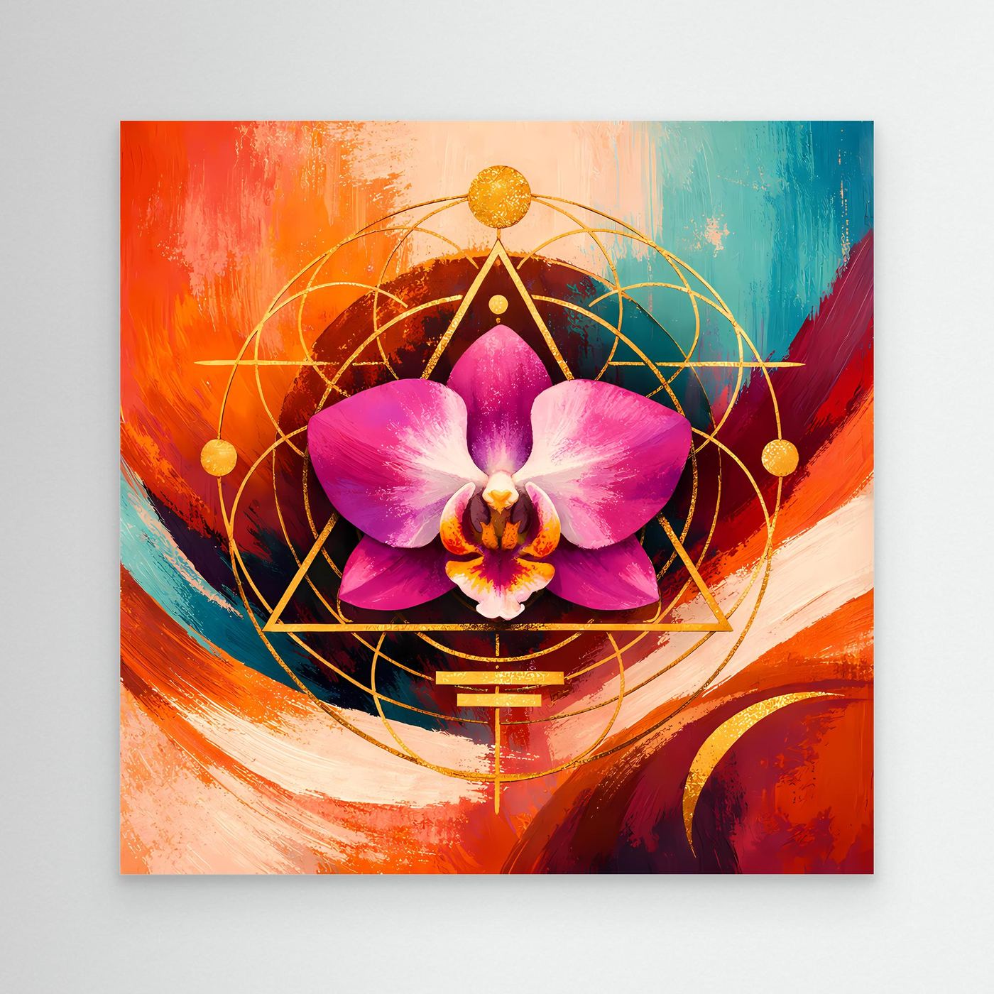 Leinwandbild mit pinker Orchidee und goldener Geometrie im abstrakten Farbverlauf