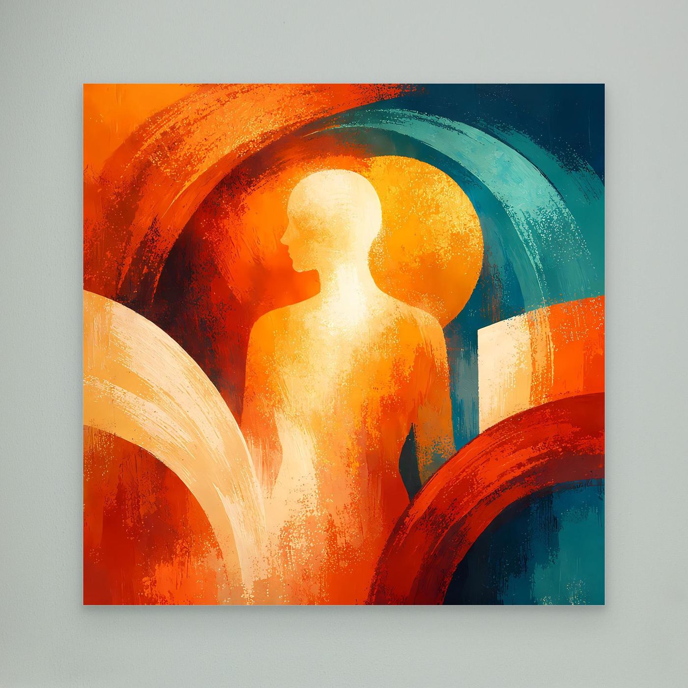 Abstraktes Wandbild auf Leinwand mit Figurensilhouette und orange-blauem Halbkreis-Motiv