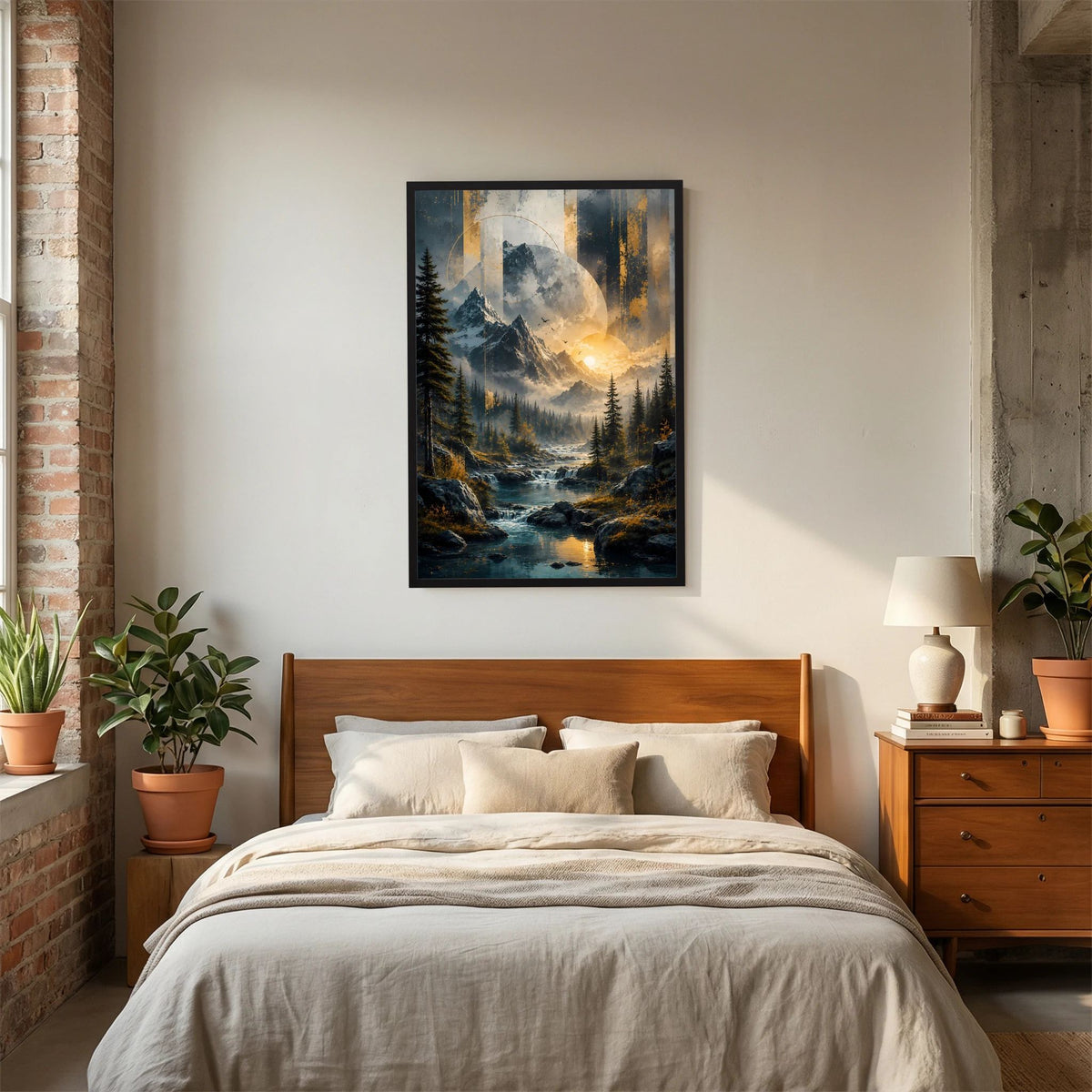 Gerahmtes Poster: Berglandschaft mit Fluss und goldenen Lichtakzenten im Tannenwald
