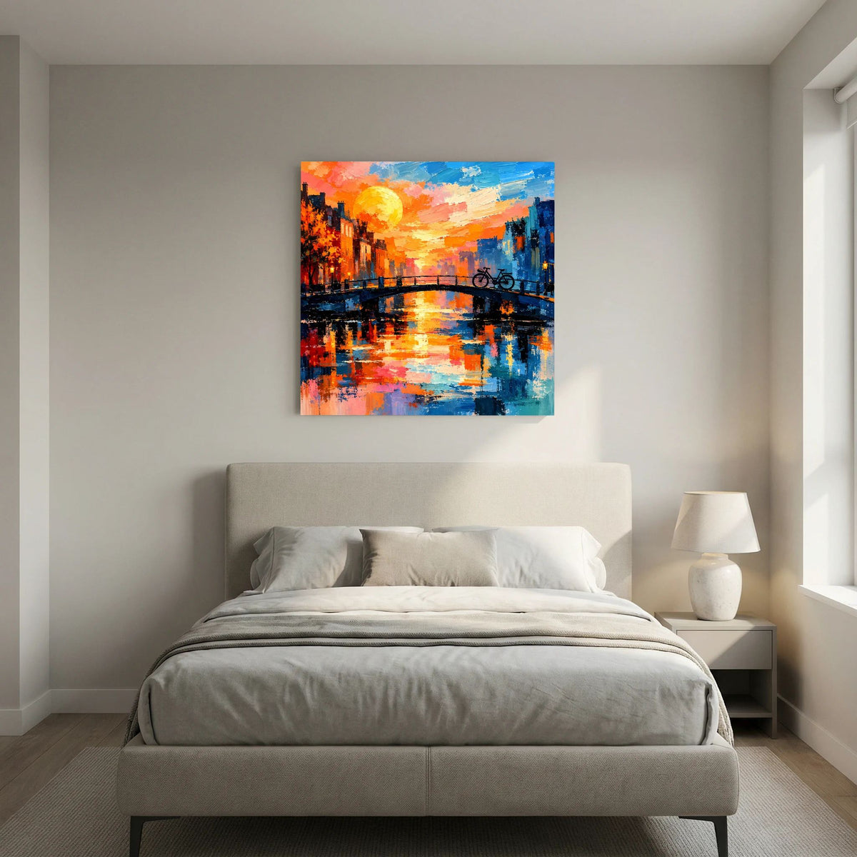 Leinwand Abstraktes Amsterdam Gemälde | Modernes Romantisches Grachten Wandbild mit Fahrrad