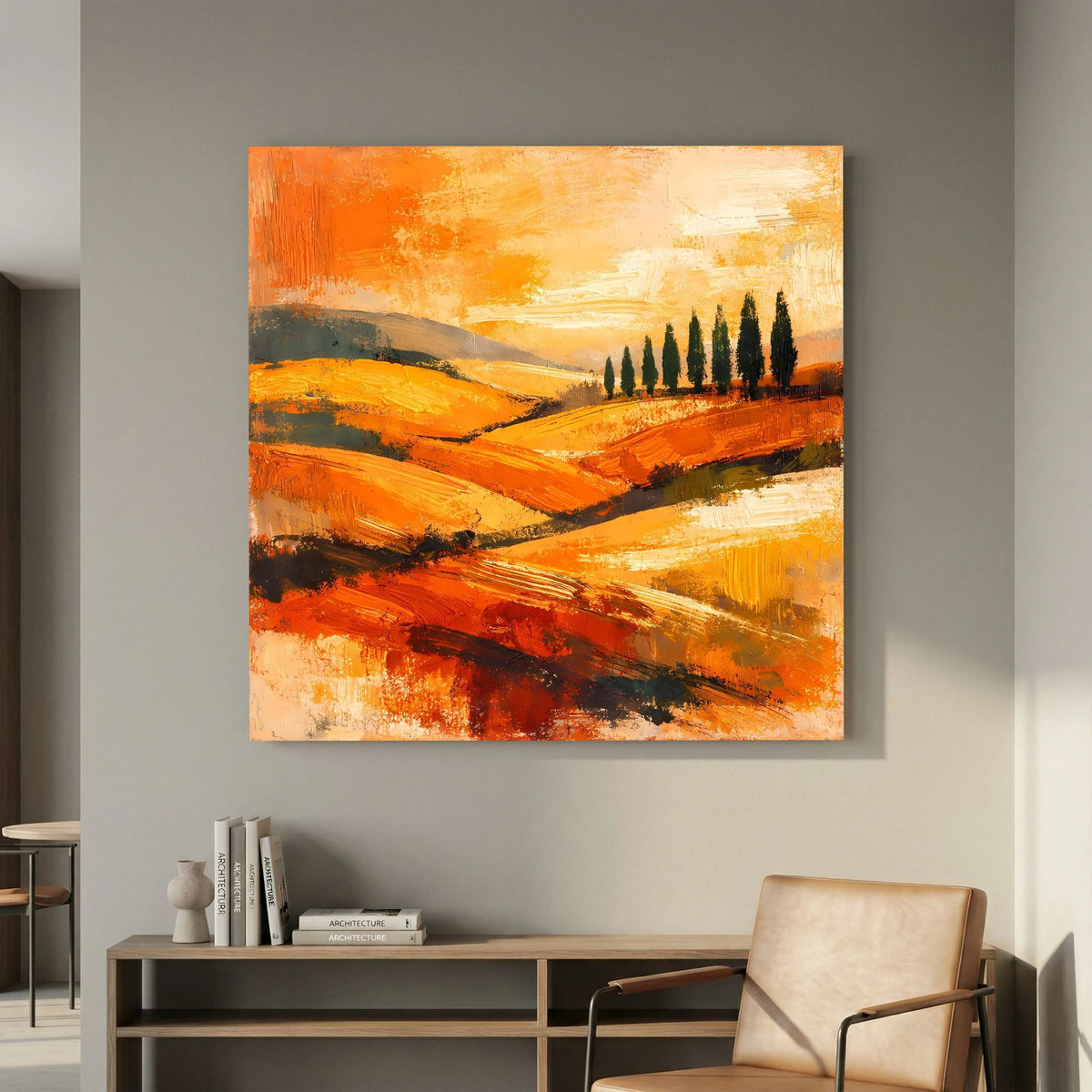 Leinwand-Wandbild mit Holzrahmen: abstrahierte Hügel mit Zypressen, warme Gelb-Orange-Farbpalette.