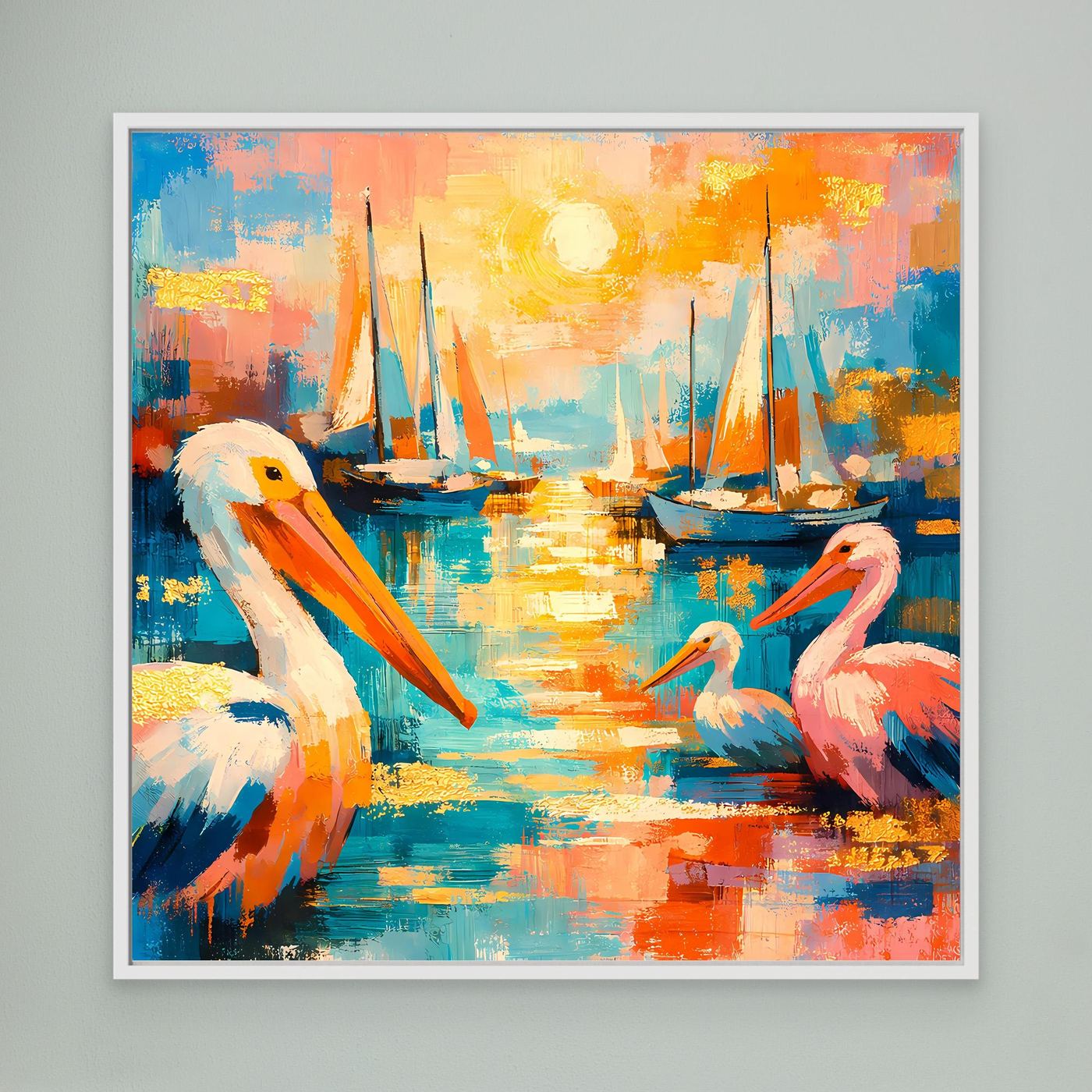 Leinwandbild mit bunten Pelikanen und Segelbooten im Hafen, weiß gerahmt