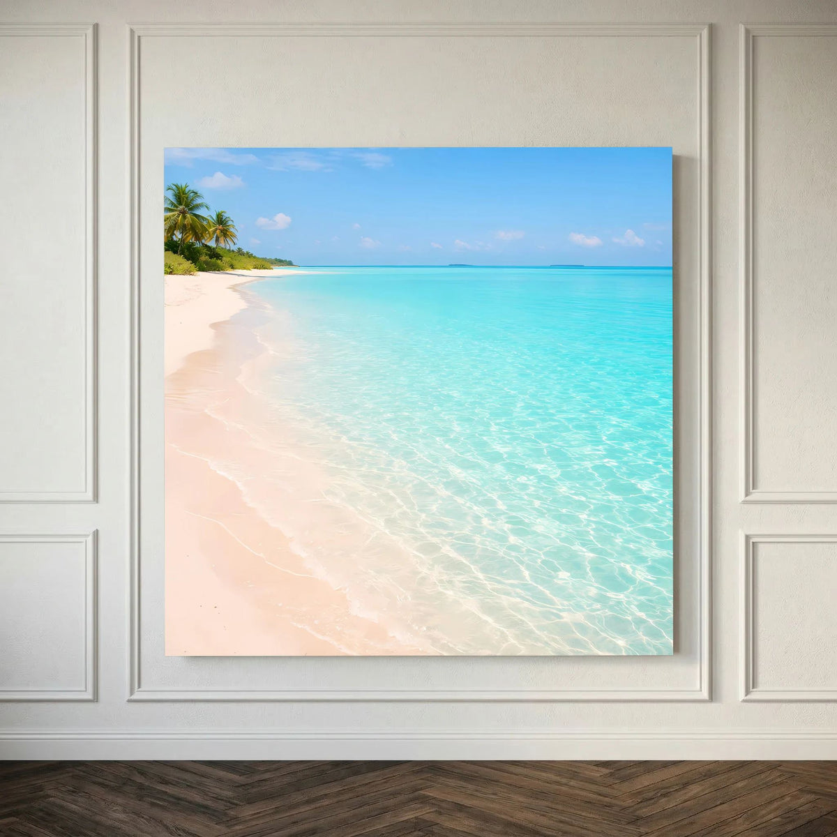 Leinwandbild Uferansicht mit hellem Sandstrand, türkiser Wasserfläche und Palme am Rand