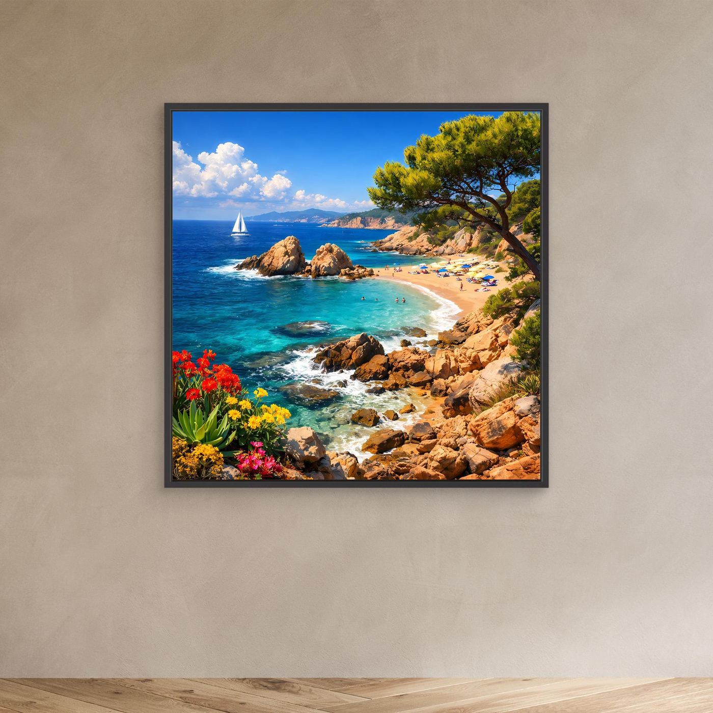 Leinwand-Wandbild mit mediterraner Küste im schwarzen Rahmen, türkises Meer und Strand