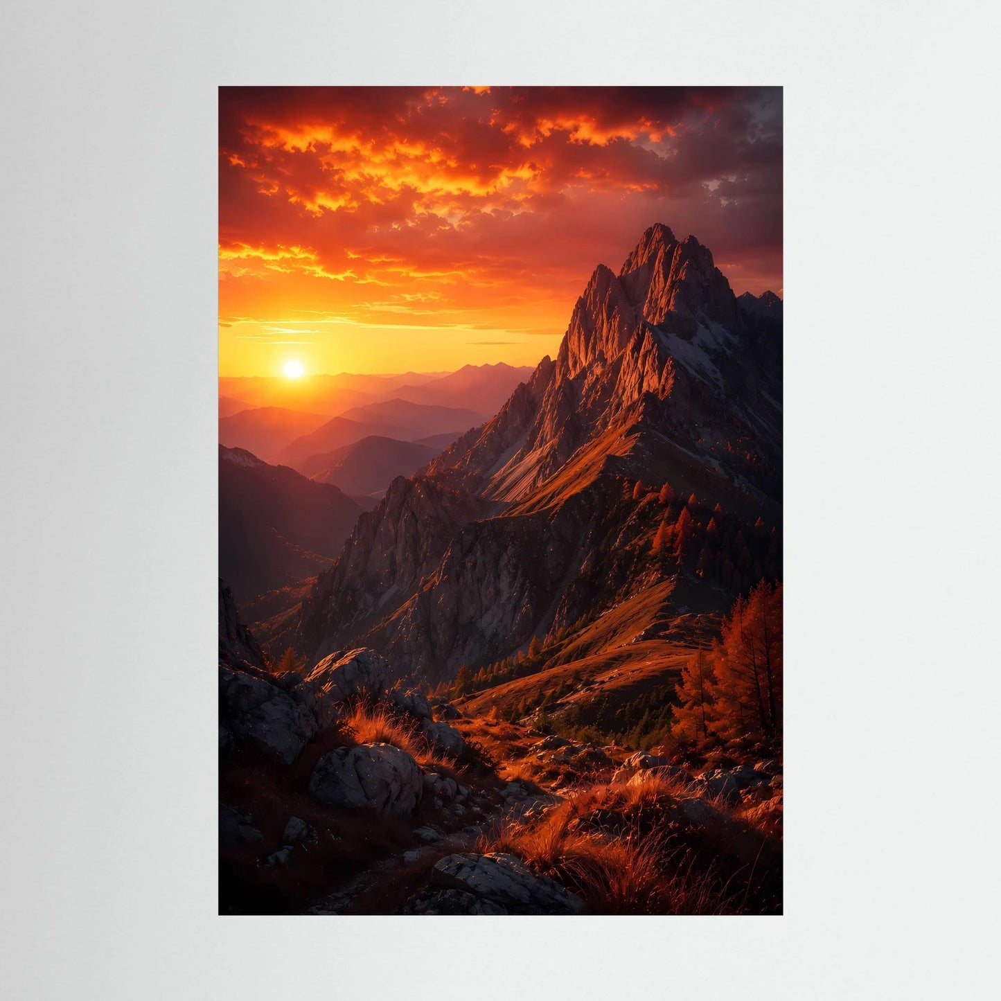 Hochformat-Poster mit Berglandschaft im Sonnenuntergang, randlos