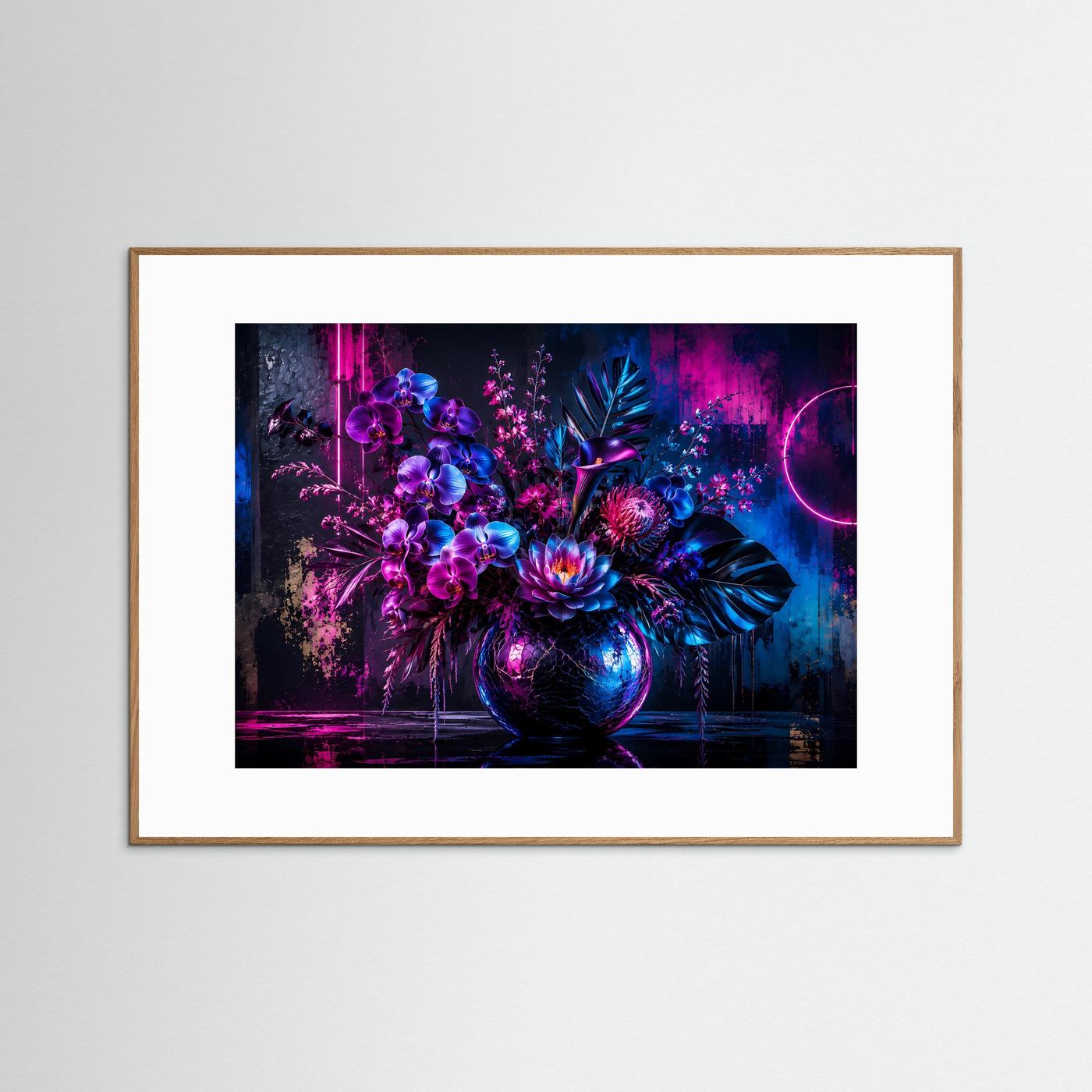 Neon Blumenstrauß Poster Querformat | Moderne Florale Wandkunst in Pink, Blau & Violett | Futuristisches Blumen Wandbild