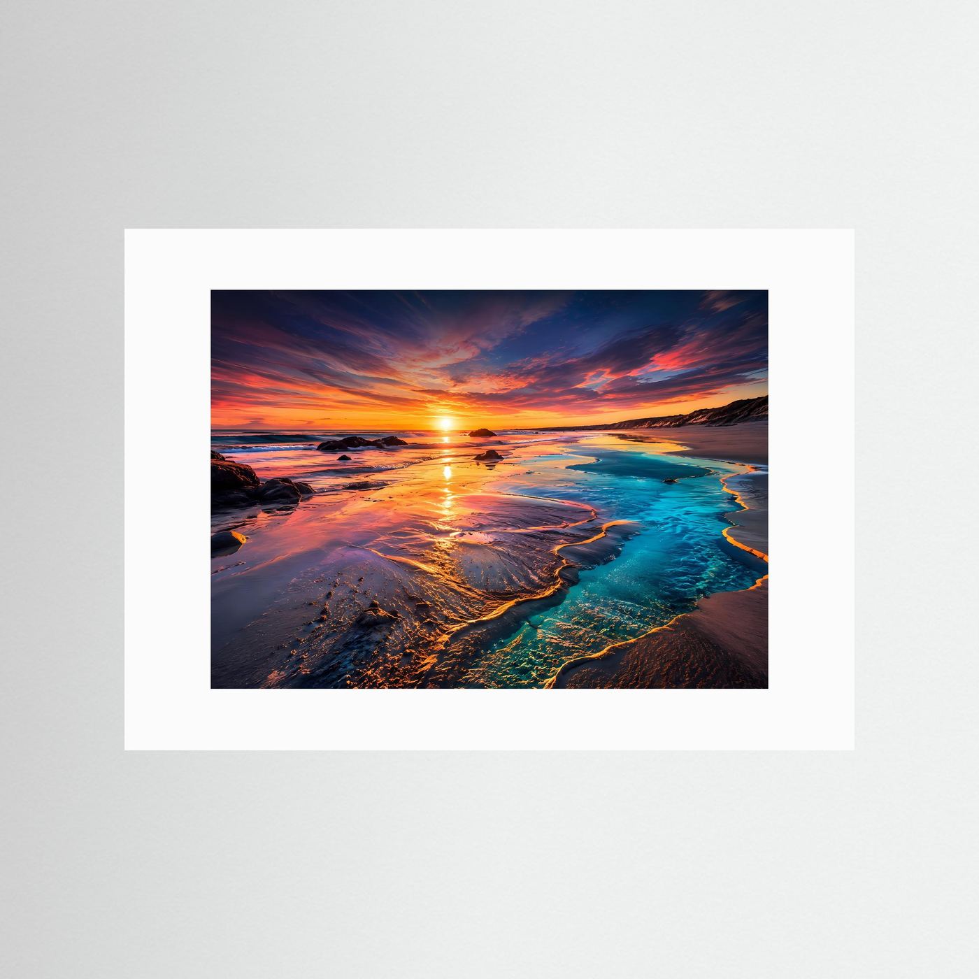 Sonnenuntergang Strand Poster | Türkis Küste Wandbild | Moderne Landschaft Kunst | Ozean Fine Art | Panorama Leinwand