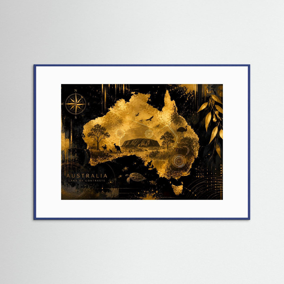 Poster Querformat mit abstrakter Australienkarte in Schwarz und Gold, blaue Einfassung