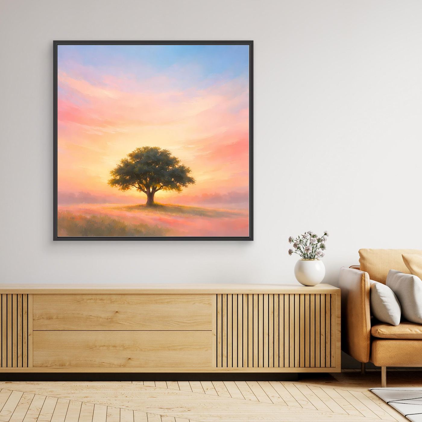 Gerahmtes Leinwandbild mit einsamem Baum im Pastell-Sonnenaufgang, dunkler Rahmen