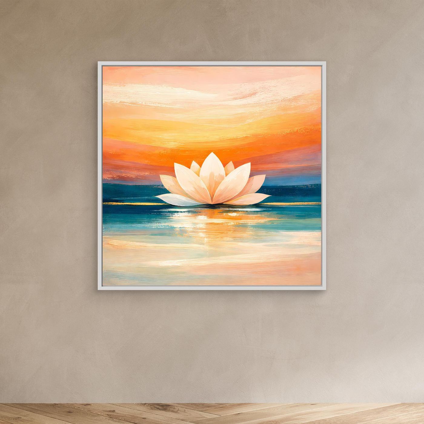 Leinwandbild mit Lotusblüte im silbernen Rahmen, abstraktes Sonnenuntergangsmotiv mit Spiegelung