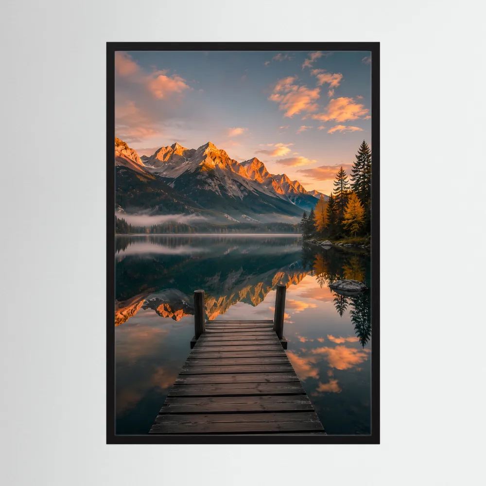 Hochformatiges Kunstposter mit schwarzem Rahmen: Holzsteg auf spiegelndem See im Abendlicht.