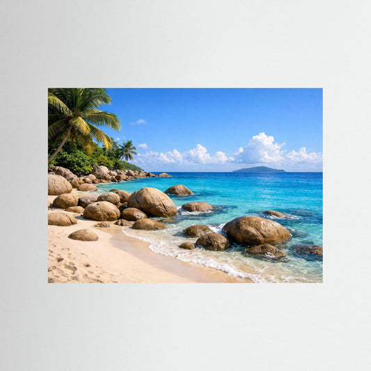 Panorama-Meerstrand-Poster im Querformat, ohne Rahmen: türkisfarbenes Meer und Felsen am Strand