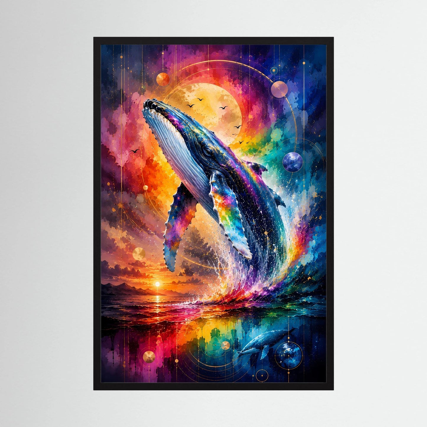 Hochformat-Poster im schwarzen Rahmen mit blauem Wal in Regenbogen-Galaxie und Planeten
