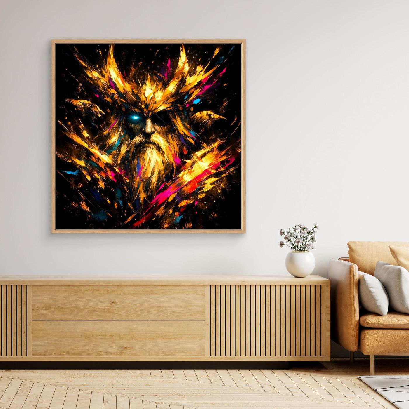 Leinwand Goldener Odin der Allvater mit Raben | Modernes Nordisches Mythologie Wandbild