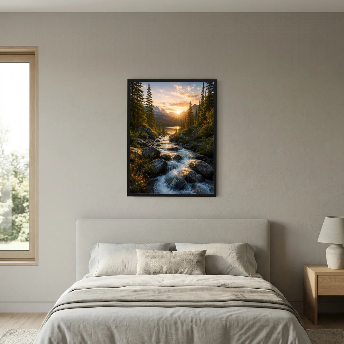 Hochformat-Poster mit Sonnenuntergang über Bach und Tannenwald, schwarz gerahmt