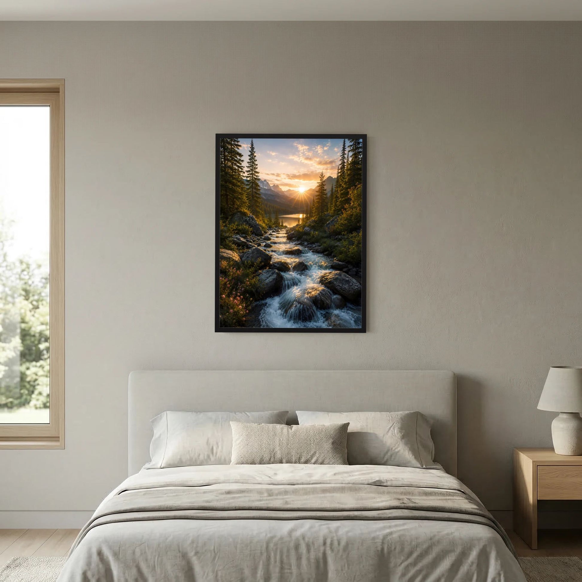 Hochformat-Poster mit Sonnenuntergang über Bach und Tannenwald, schwarz gerahmt