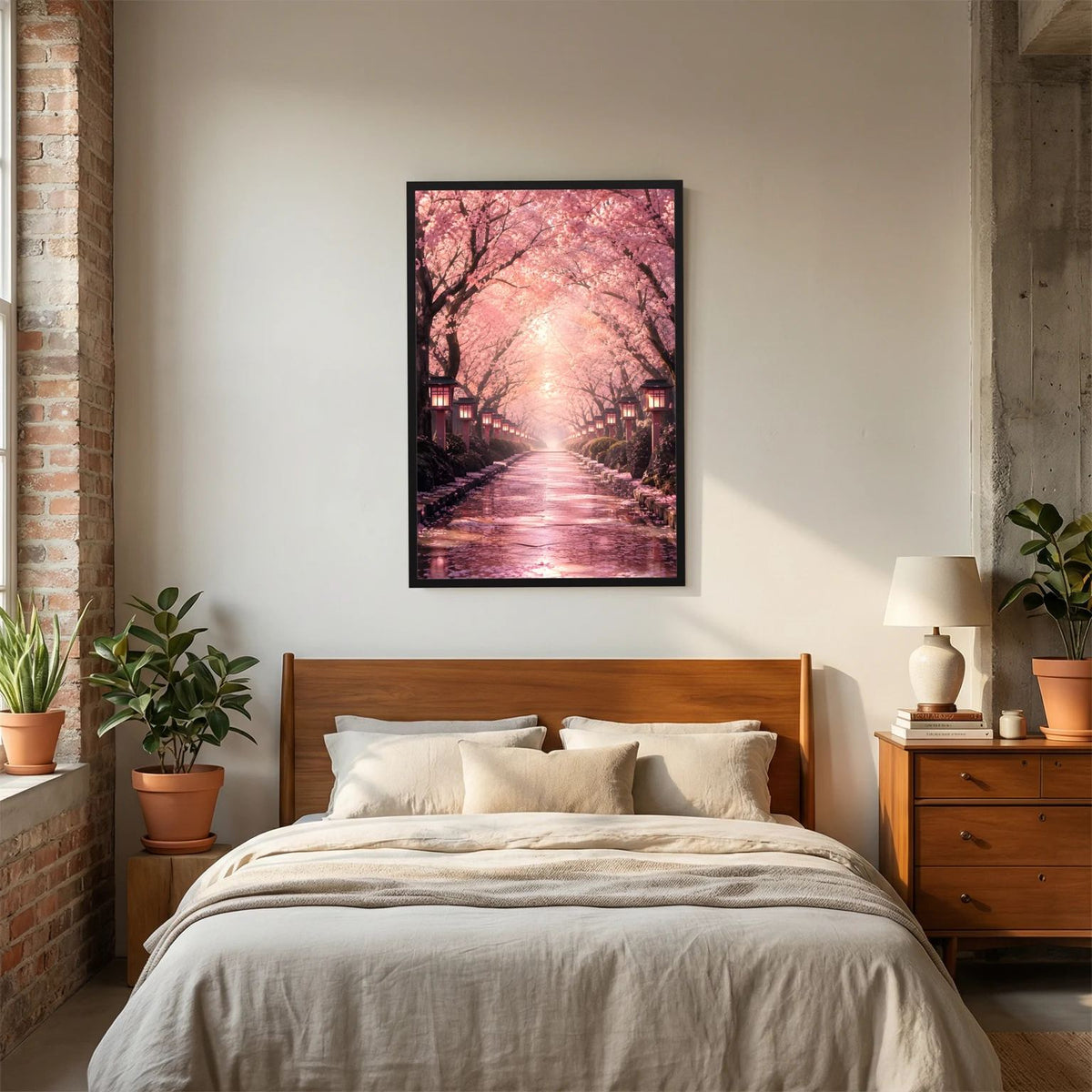 Hochformat-Wandposter mit Kirschblütenallee in Rosa, schwarzer Rahmen