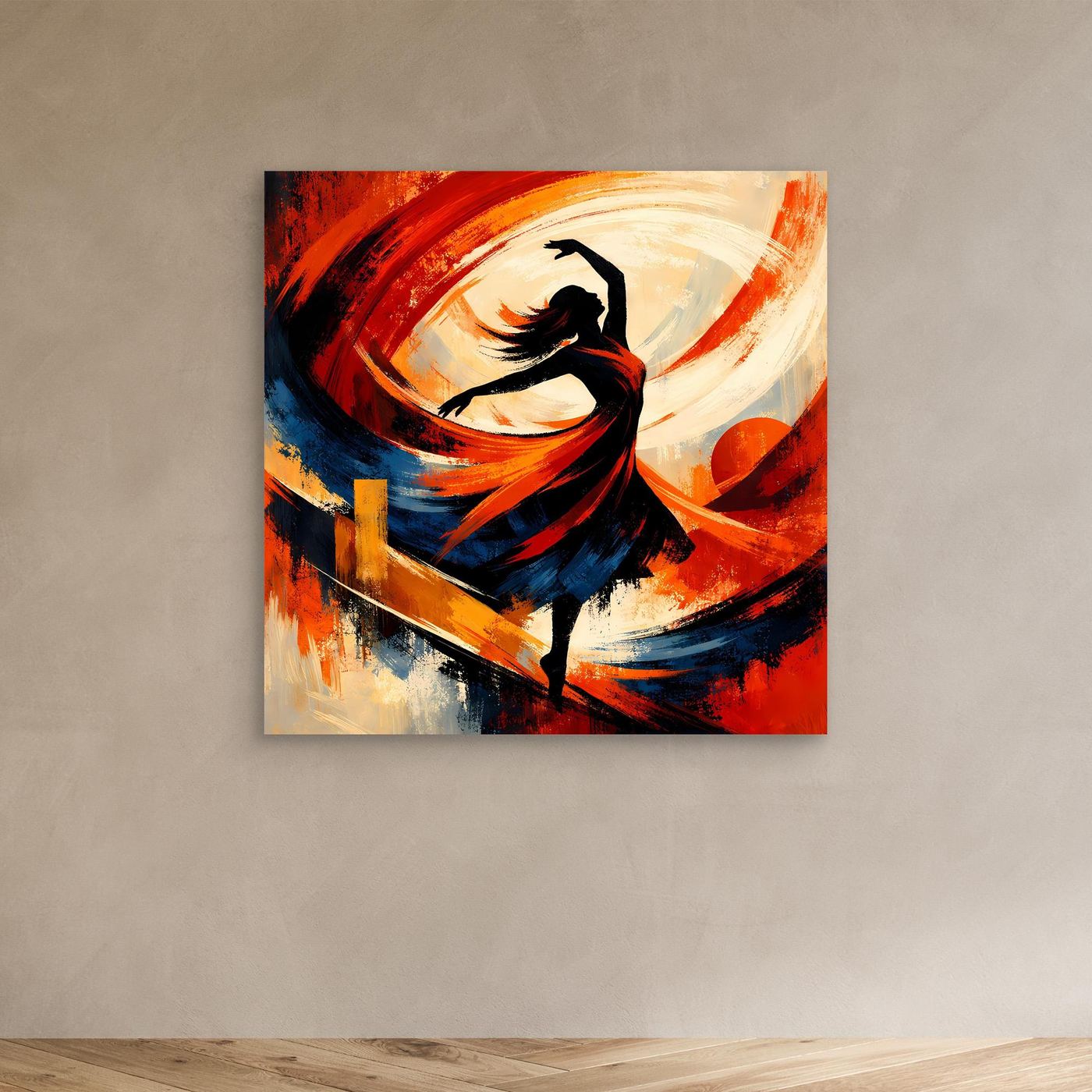 Kleines Leinwandbild mit abstrakter Tänzerin, Rot-, Blau- und Beigetöne, schwarze Silhouette