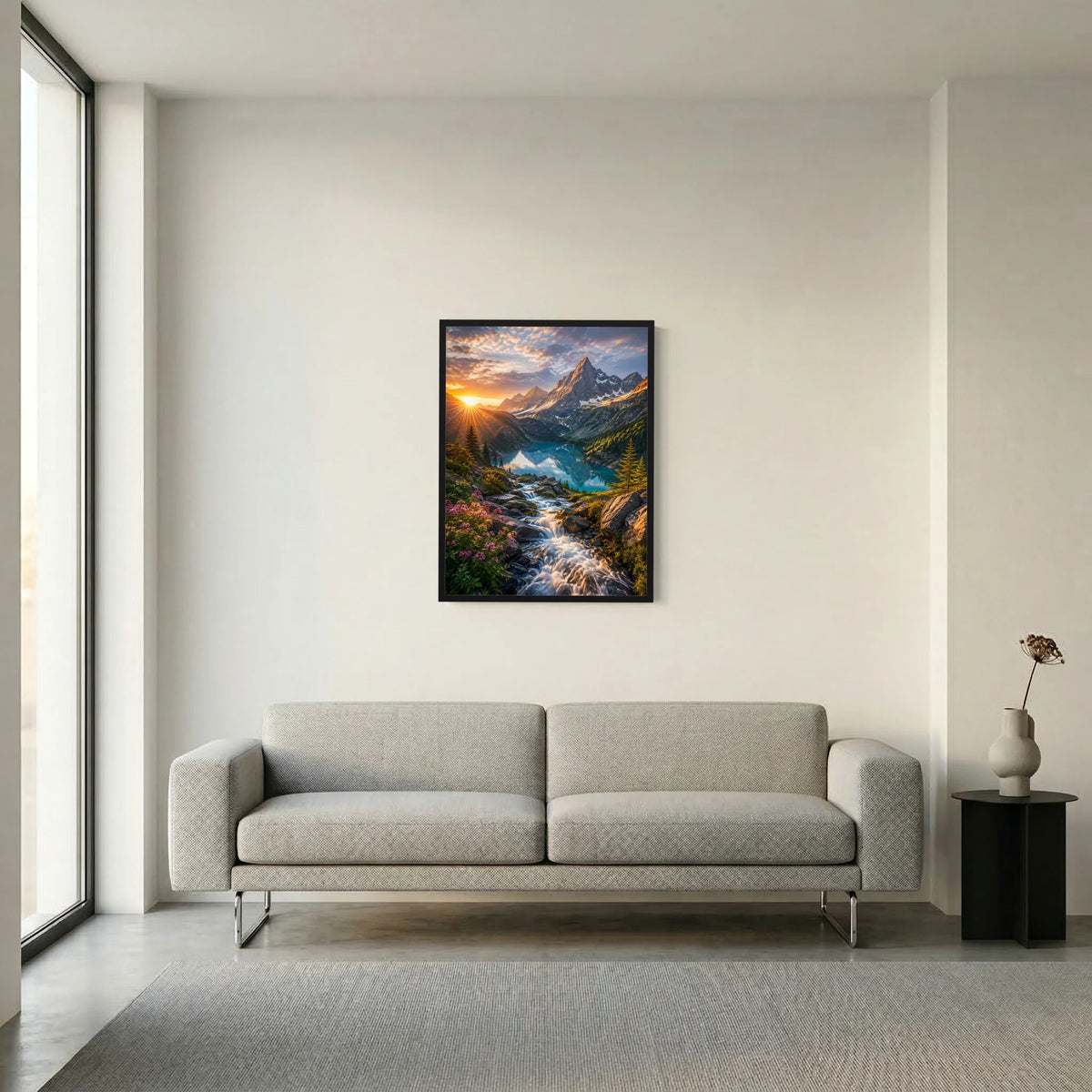 Hochformat-Wandposter mit Berglandschaft, See und Wasserfall, schwarz gerahmt