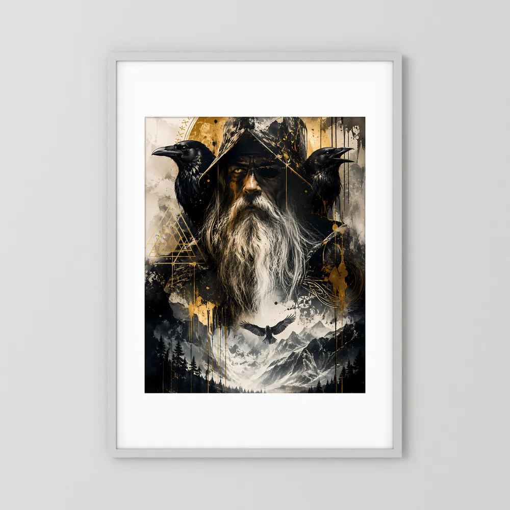Fantasy-Poster im weißen Rahmen mit mattem Hintergrund: Runenmagier und drei schwarze Raben.