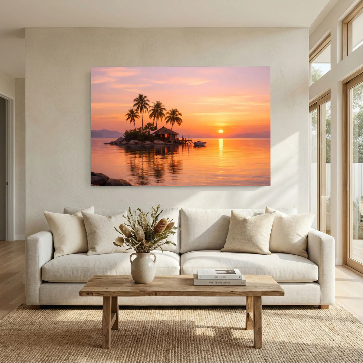 Wandbild im Querformat: tropische Insel mit Steg, Palmen und goldenem Sonnenuntergang