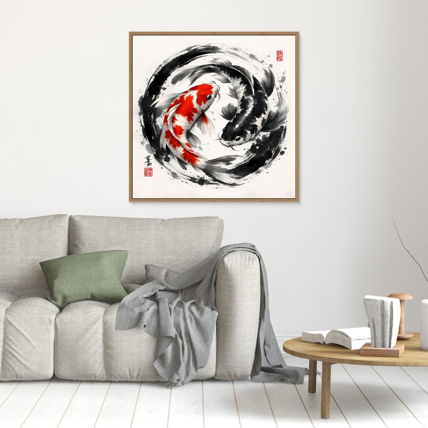 Kleines Leinwandbild mit Koi-Yin-Yang, schwarz-weiß und rot, hellbraun gerahmt