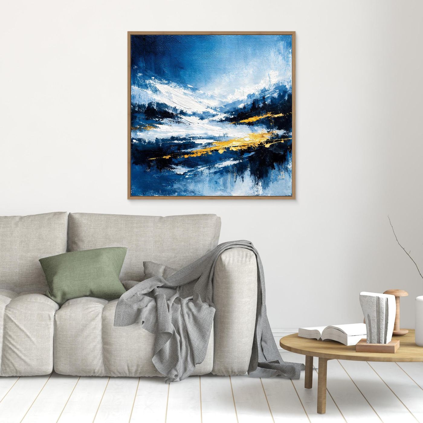 Leinwand Abstraktes Wintergemälde in Blau und Gold | Modernes Schnee & Berge Wandbild