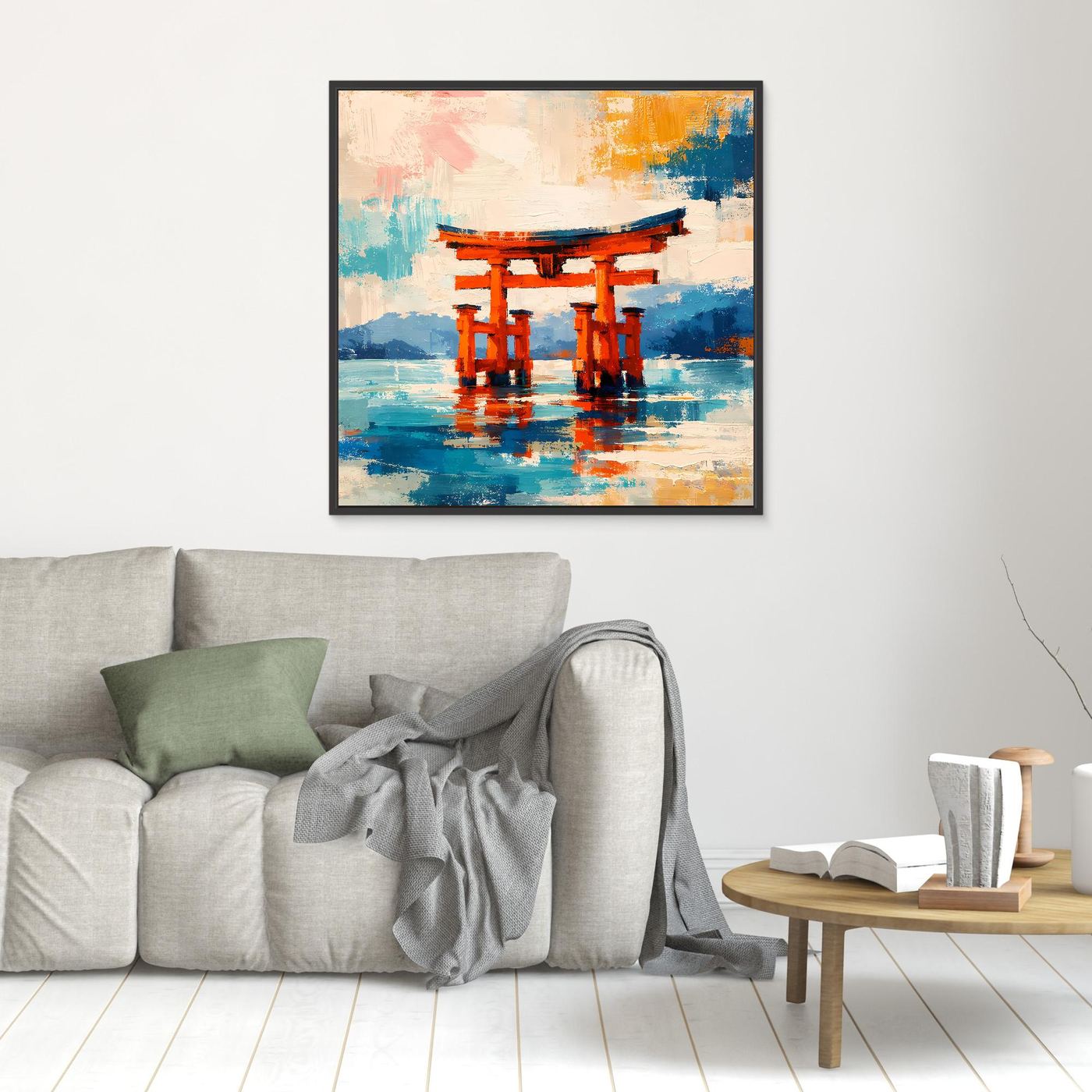 Leinwandbild Japanisches Torii-Tor im Meer | Abstraktes Kultur Wandbild auf echtem Holzkeilrahmen