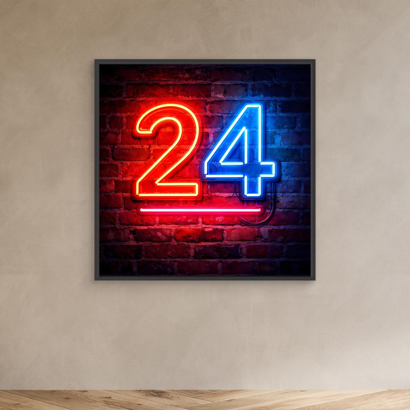 Neon-Wandbild Zahl 24, rot-blau auf Backstein, kleines Format, dunkler Rahmen