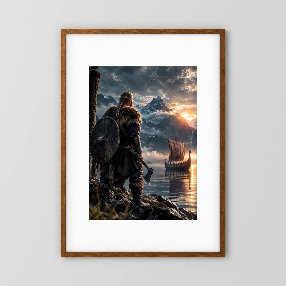 Fantasy-Poster im Hochformat: Wikingerkrieger mit Schild auf Felsen, Schiff im Fjord